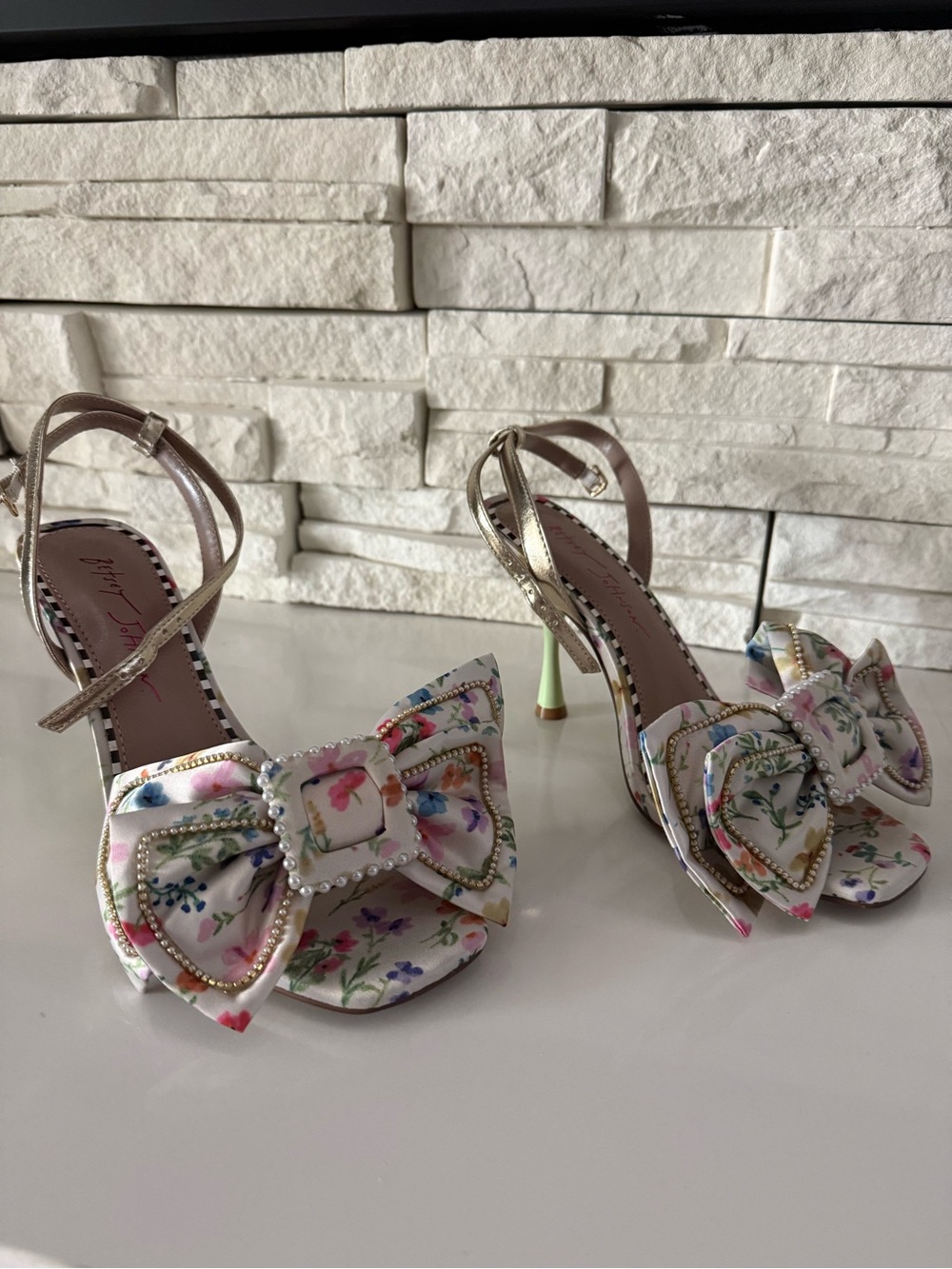 Betsey Johnson Floral Bow High Heel Sandals with Gold Straps